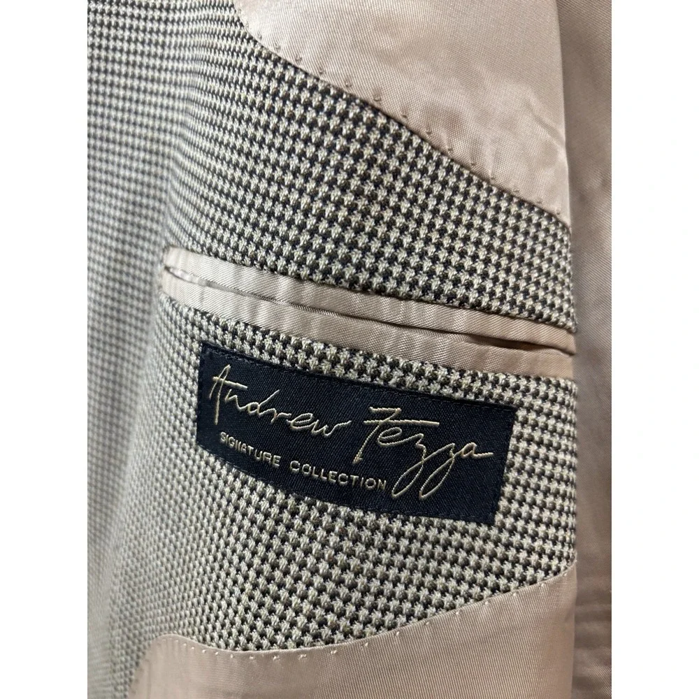 Andrew Fezza Blazer Mens 48L‎ Tan Wool Houndstooth Sport Coat Jacket Old Money
